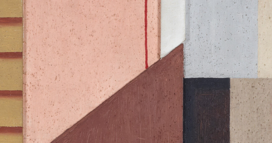 Willi Baumeister Mauerbild Schwarz-Rosa, 1923–1929 116 x 76 cm Öl, Holz, Sand auf Sperrholz mumok - Museum moderner Kunst Stiftung Ludwig Wien, erworben in 1967 © Bildrecht, Wien 2025 Ausstellung: Die Welt von morgen wird eine weitere Gegenwart gewesen sein