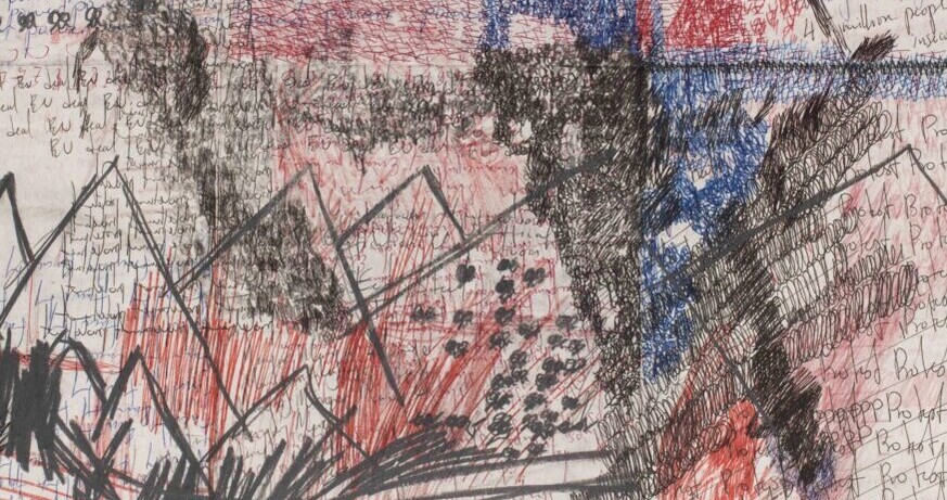 Oscar Murillo, Flight #23, 2018 (Detail), Feder, Bleistift, Graphit und Kohle auf Papier in Acrylrahmen, Foto: Tim Bowditch und Reinis Lismanis, Courtesy der Künstler Rene Matić / Oscar Murillo. JAZZ