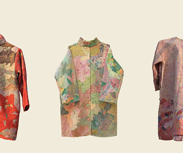 Three colourful patchwork jackets made from recycled materials