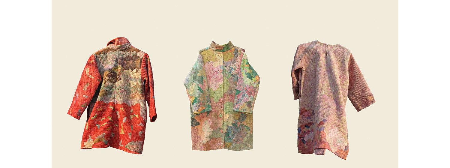 Three colourful patchwork jackets made from recycled materials