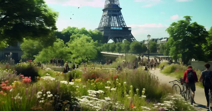 Paris, 2100: Eine Vielzahl innerstädtischer Plätze wurde unter Mitwirkung der lokalen Bevölkerung umgebaut und entsiegelt. © Collagen Paris 2100 mithilfe von KI bearbeitet The Long Night of Research 2024