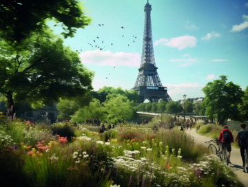 Paris, 2100: Eine Vielzahl innerstädtischer Plätze wurde unter Mitwirkung der lokalen Bevölkerung umgebaut und entsiegelt. © Collagen Paris 2100 mithilfe von KI bearbeitet Paris, 2100: Eine Vielzahl innerstädtischer Plätze wurde unter Mitwirkung der lokalen Bevölkerung umgebaut und entsiegelt. © Collagen Paris 2100 mithilfe von KI bearbeitet