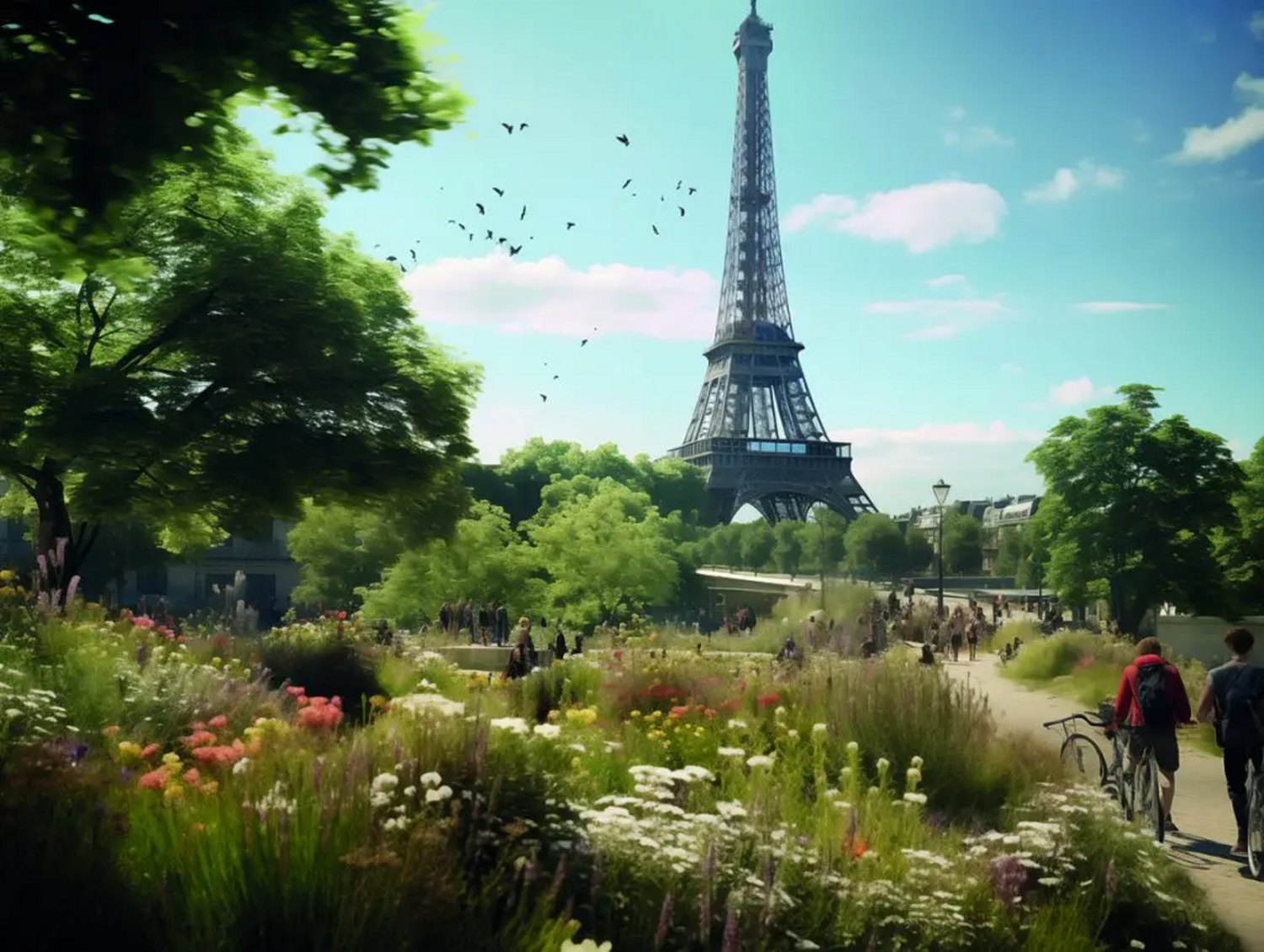 Paris, 2100: Eine Vielzahl innerstädtischer Plätze wurde unter Mitwirkung der lokalen Bevölkerung umgebaut und entsiegelt. © Collagen Paris 2100 mithilfe von KI bearbeitet Paris, 2100: Eine Vielzahl innerstädtischer Plätze wurde unter Mitwirkung der lokalen Bevölkerung umgebaut und entsiegelt. © Collagen Paris 2100 mithilfe von KI bearbeitet