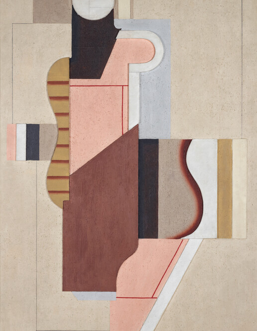 Willi Baumeister Mauerbild Schwarz-Rosa, 1923–1929 116 x 76 cm Öl, Holz, Sand auf Sperrholz mumok - Museum moderner Kunst Stiftung Ludwig Wien, erworben in 1967 © Bildrecht, Wien 2025
