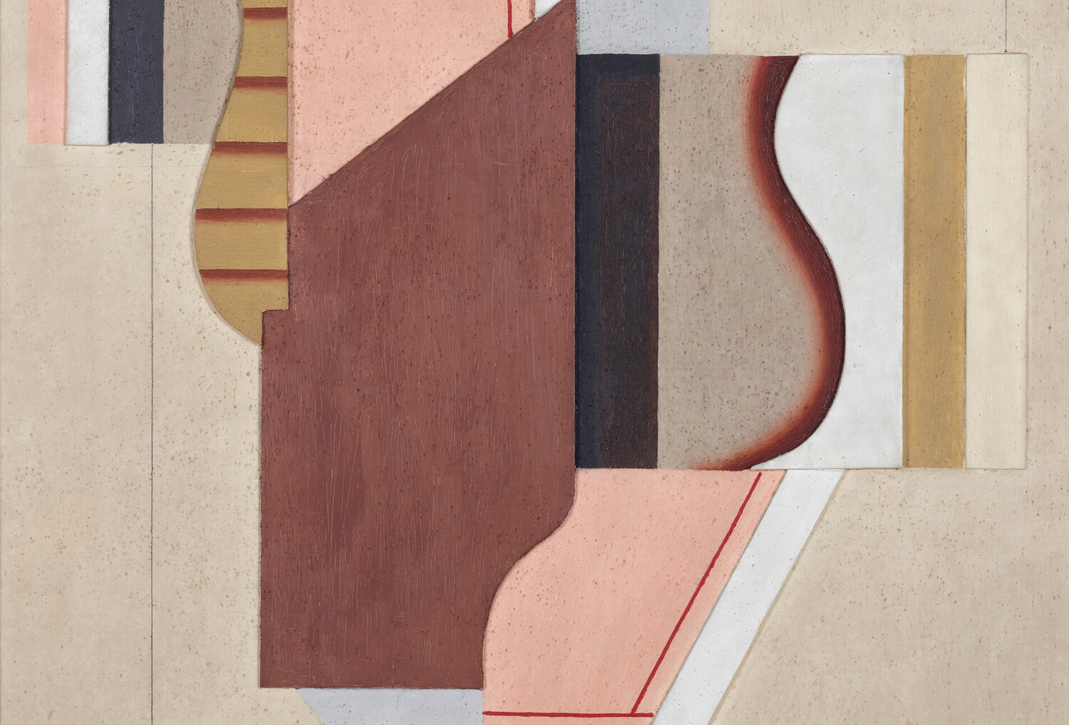 Willi Baumeister Mauerbild Schwarz-Rosa, 1923–1929 116 x 76 cm Öl, Holz, Sand auf Sperrholz mumok - Museum moderner Kunst Stiftung Ludwig Wien, erworben in 1967 © Bildrecht, Wien 2025 Willi Baumeister Mauerbild Schwarz-Rosa, 1923–1929 116 x 76 cm Öl, Holz, Sand auf Sperrholz mumok - Museum moderner Kunst Stiftung Ludwig Wien, erworben in 1967 © Bildrecht, Wien 2025