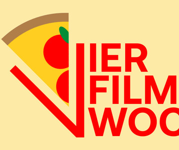 Vier Filme Woche in roter Schrift mit einem Pizzastück und dem roten Vienna Shorts Logo auf gelbem Hintergrund
