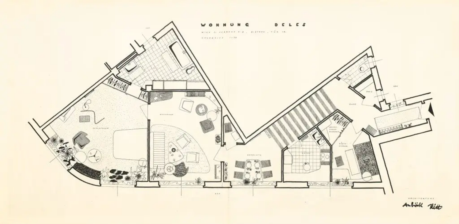 Carl Auböck/Ferdinand Kitt, Wohnung Deles, Grundriss, Hochhaus Herrengasse 6–8/18, Wien 1, 1951 © Architekturzentrum Wien, Sammlung Carl Auböck/Ferdinand Kitt, Wohnung Deles, Grundriss, Hochhaus Herrengasse 6–8/18, Wien 1, 1951 © Architekturzentrum Wien, Sammlung