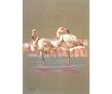 Malerei von zwei rose Flamingos vor sandfarbenem Hintergrund