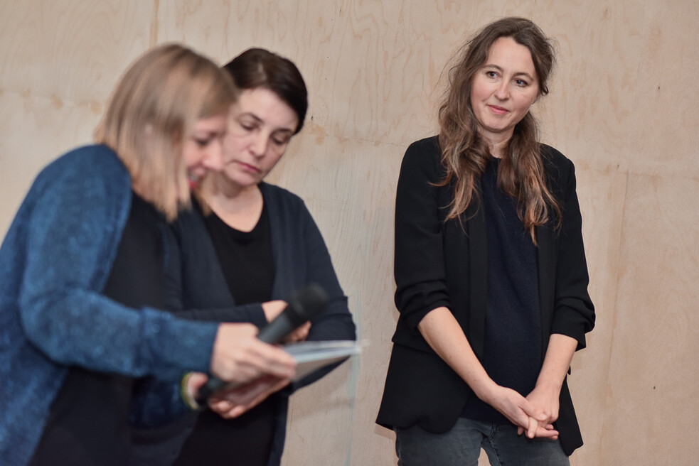 Curators Dóra Hegyi (tranzit.hu) & Judit Angel (tranzit.sk) with Elisabeth Hajek (Artistic Director frei_raum Q21 exhibition space)