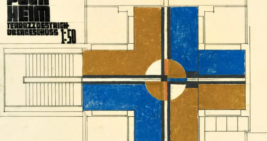 Hans Steineder, Volks- und Hauptschule der Schulschwestern, Maria-Theresien-Straße 5, Attnang-Puchheim, Oberösterreich, 1934–1935, Farbschema Terrazzoestrich, Obergeschoss, Tusche und Farbstift auf Transparentpapier. © Architekturzentrum Wien, Sammlu Lectures & discussion: Provincial Revolt. Case Study: Upper Austria