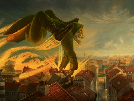 Skelett mit Kapuze und Mantel springt mit Flammen hinter sich über Dächer einer Stadt bei Sonnenuntergang.