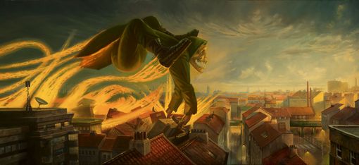 Skelett mit Kapuze und Mantel springt mit Flammen hinter sich über Dächer einer Stadt bei Sonnenuntergang.