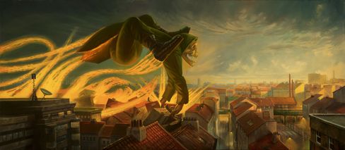 A giant skeletal figure wearing a cloak and boots strides over rooftops of a city at sunset.
