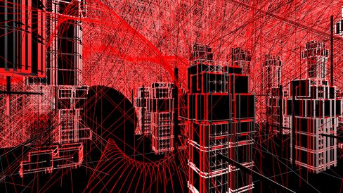Three-dimensional line drawing of a city with tall buildings and complex network lines in red and black.