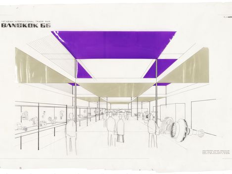 Black-and-white drawing of an exhibition space with several people inside and gray and purple ceiling elements. The words “Bangkok 66” are written in the upper left corner.