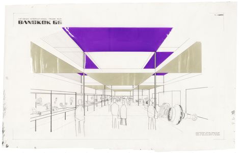 schwarz-weiß Zeichnung eines Ausstellungsraums mit mehreren Personen darin und mit grau und lila Deckenelementen. Links oben steht der Schriftzug "Bangkok 66".