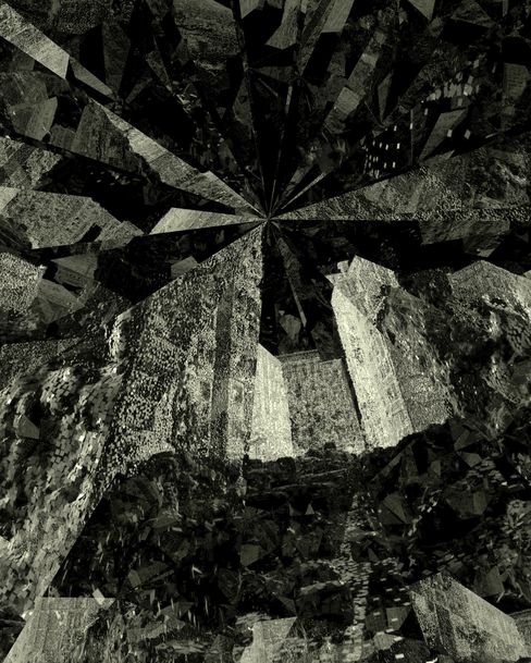 Abstract kaleidoscopic view of buildings with reflective faceted surfaces.