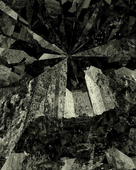 Abstract kaleidoscopic view of buildings with reflective faceted surfaces.