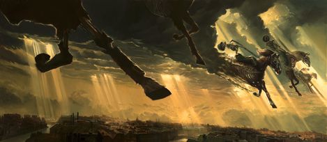 Three riders on horses charge from dark clouds with beams of light toward a city.