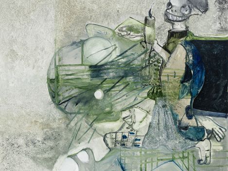 Surreal painting of a skeleton with a candle amid green, abstract shapes and geometric forms.