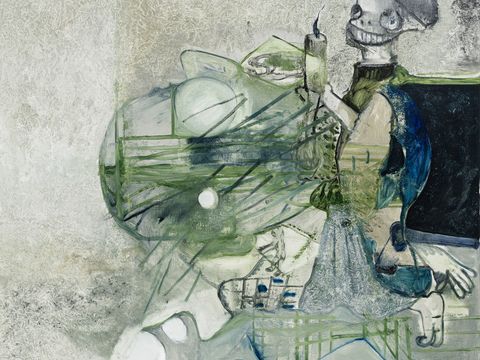Surreal painting of a skeleton with a candle amid green, abstract shapes and geometric forms.