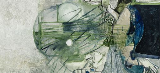 Surreal painting of a skeleton with a candle amid green, abstract shapes and geometric forms.
