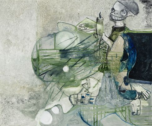 Abstraktes Gemälde mit Skelett, umgeben von grünen Kreisen und Linien.