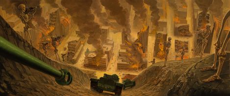Skeleton figures stand on burning buildings in a destroyed city with a tank and military vehicle in a pit below.