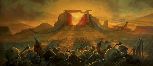 Hill with crumbling ruins and red drapes under a sky with sun rays above a field of numerous human skulls and bones.