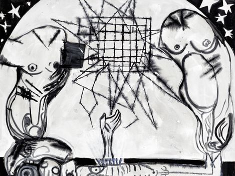 Schwarz-weißes, abstraktes Bild mit Körpern und Sternenhimmel.