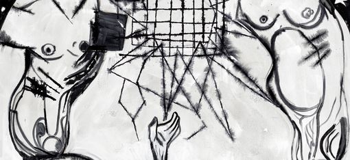 Schwarz-weißes, abstraktes Bild mit Körpern und Sternenhimmel.