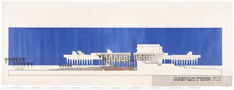 querformatige Architekturzeichnung mit blauem Hintergrund, einem hellen Gebäude mit Säulen und ein paar Palmen