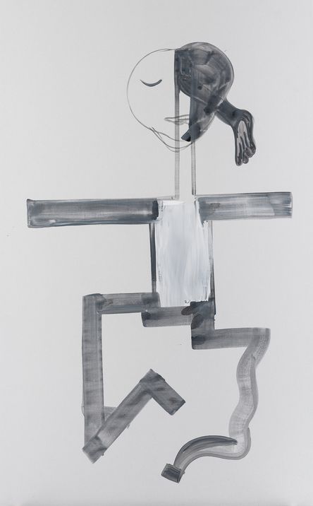 Abstraktes, monochromes Strichmännchen aus geometrischen Formen, mit horizontalen Armen und verdrehten Beinen.