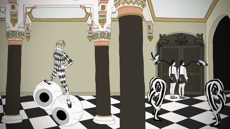 Several people in a room with a black-and-white checkered floor, one person standing on two large eyeball objects, others wearing black-and-white patterned clothing standing near a large door.
