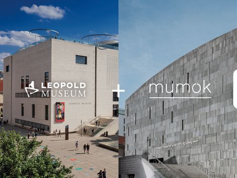Geteiltes Bild des MuseumsQuartier Wien: Links die Außenansicht des Leopold Museum mit Besucher:innen am Vorplatz, rechts die Fassade des mumok mit Treppenaufgang. Über den Bildern stehen die Logos „Leopold Museum + mumok“.