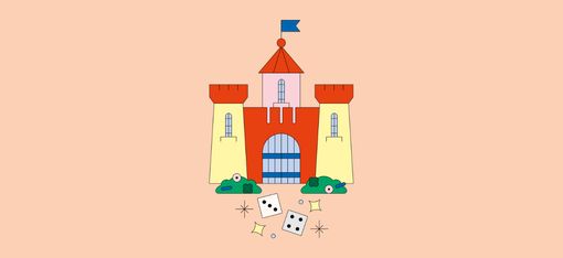 Illustration on an orange background of a colourful castle with yellow turrets and a red tower with a blue flag, surrounded by flowery bushes, and a pair of di and stars.