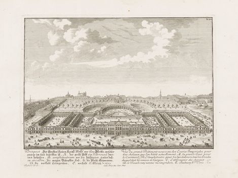 Altes Bild des MuseumsQuartier-Areals. Die Plätze sind gefüllt mit Menschen, Wägen und Pferden.