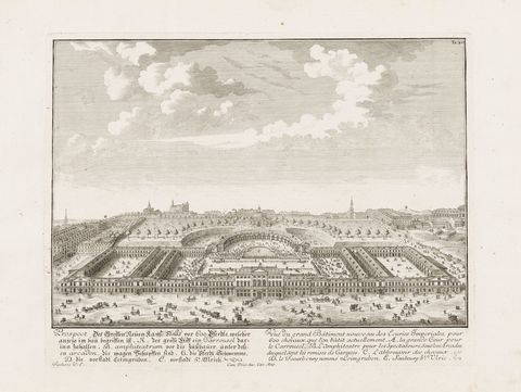 Old picture of the MuseumsQuartier area. The squares are filled with people, carriages, and horses.