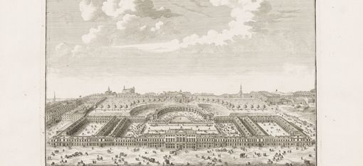 Old picture of the MuseumsQuartier area. The squares are filled with people, carriages, and horses.