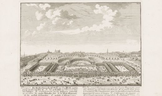 Altes Bild des MuseumsQuartier-Areals. Die Plätze sind gefüllt mit Menschen, Wägen und Pferden.