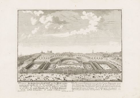 Old picture of the MuseumsQuartier area. The squares are filled with people, carriages, and horses.