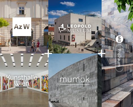 Collage aus vier Ansichten des MuseumsQuartier Wien mit Logos von Az W, Leopold Museum, Kunsthalle Wien, mumok und MQ Freiraum; gezeigt sind historische und moderne Museumsgebäude sowie ein Ausstellungsraum.