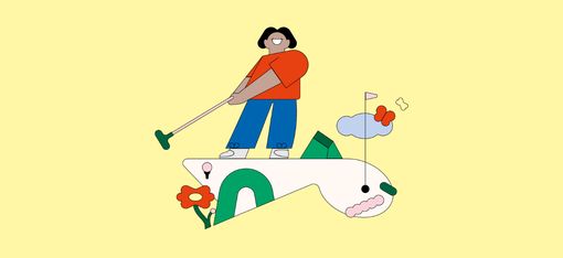 Person mit Brille und rotem Oberteil steht auf einem großen weißen Wal mit grünen Flossen und hält einen Golfschläger.