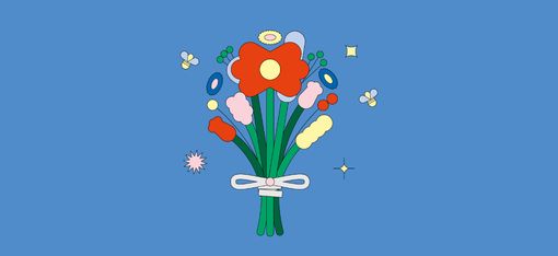 Colourful illustration on a blue background of a flower bouquet, a red flower in the centre, tied by a light pink string, surrounded by stars, a bee and little shapes.