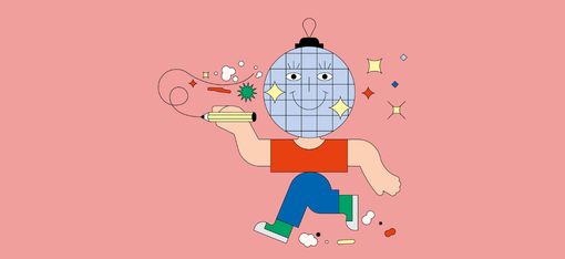 Figure with a blue grid-patterned head holding a pen running against a pink background.