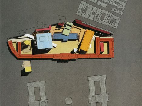 Draufsicht eines architektonischen Entwurfs für das MuseumsQuartier Wien. Die farblich hervorgehobenen Neubauten und Baukörper sind innerhalb der historischen Anlage angeordnet und zeigen die geplante Verbindung von Bestand und zeitgenössischer Architektur.