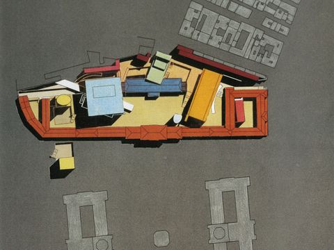 Draufsicht eines architektonischen Entwurfs für das MuseumsQuartier Wien. Die farblich hervorgehobenen Neubauten und Baukörper sind innerhalb der historischen Anlage angeordnet und zeigen die geplante Verbindung von Bestand und zeitgenössischer Architektur.