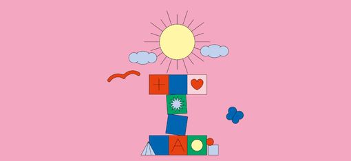 Colorful building blocks with symbols like cross, heart, sun, and letters against a pink background with sun, clouds, bird, and butterfly above.