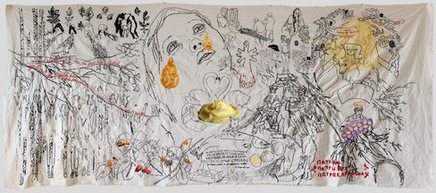 Large-scale wall drawing featuring a large female figure surrounded by abstract and floral elements along with small figures and text fragments.