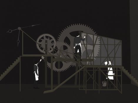 Black-and-white illustration of a complex mechanical device with multiple gears and two people wearing aprons working on the machine.